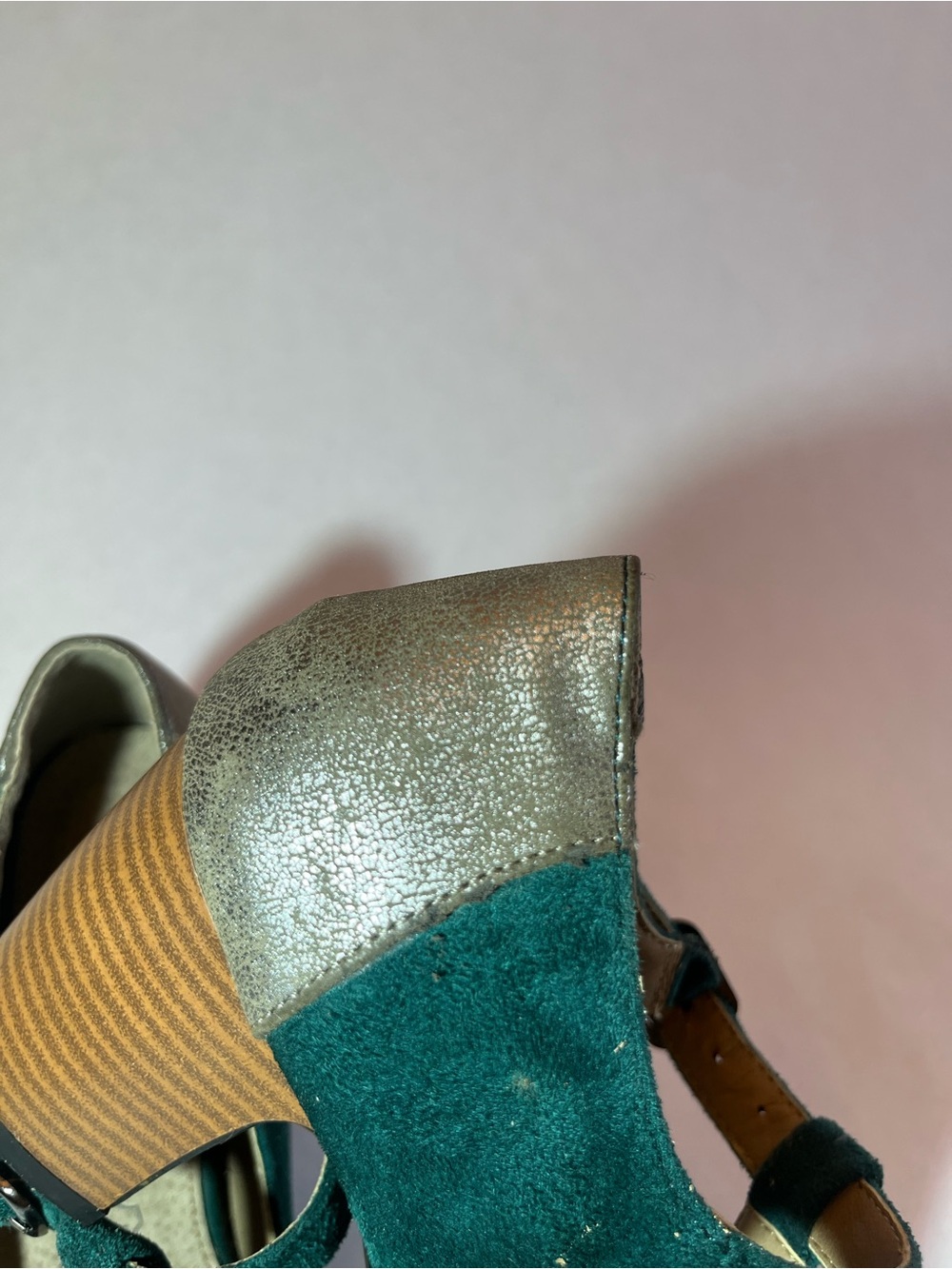 Teal Suede T-Strap Block Heel Pumps - Picture 4 of 7